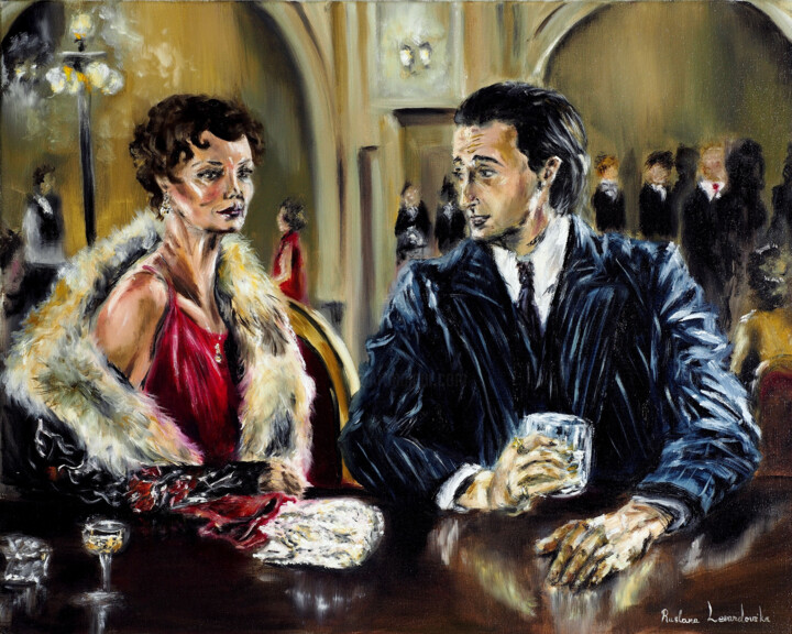 Painting titled "Evening at the bar" by Ruslana Levandovska, Original Artwork, Oil Mounted on Wood Stretcher frame