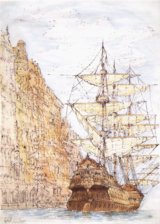 Drawing titled "mediaval-ship-in-ha…" by Gabor Ruszkai, Original Artwork