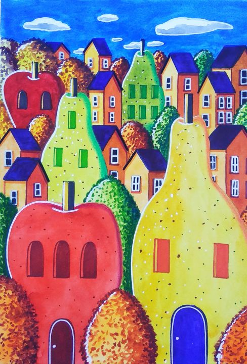 Pintura intitulada "L'étrange village #3" por Sabrina Riggio, Obras de arte originais, Aquarela