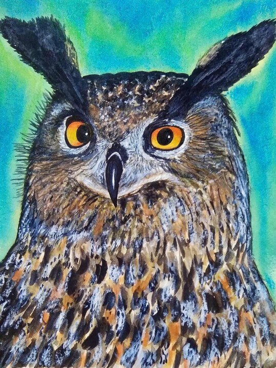 Schilderij getiteld "Hibou grand duc" door Sabrina Riggio, Origineel Kunstwerk, Aquarel