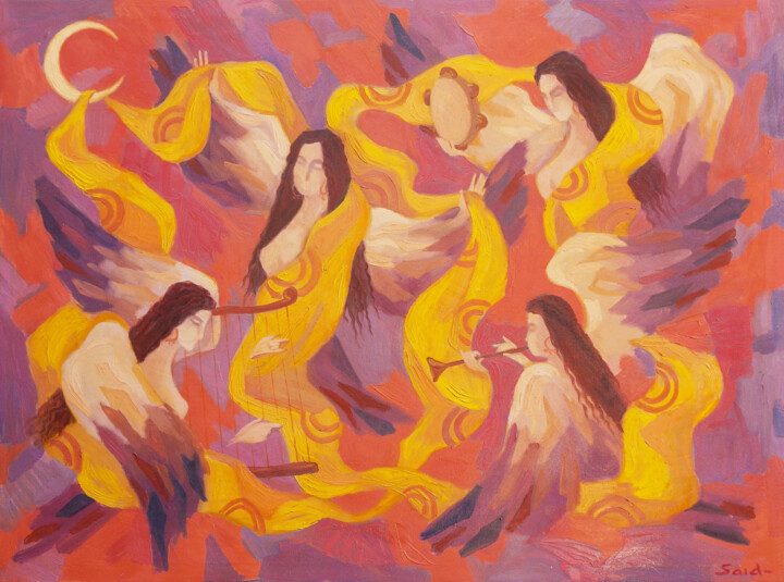 Painting titled "Dance of Muses" by Said Shamirbaev, Original Artwork, Oil Mounted on Wood Stretcher frame