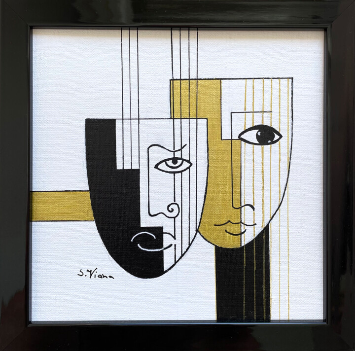 Drawing titled "Masques 3" by Salette Viana, Original Artwork, Acrylic