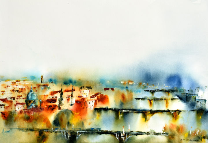 Peinture intitulée "Prague" par Salleh Su, Œuvre d'art originale, Aquarelle