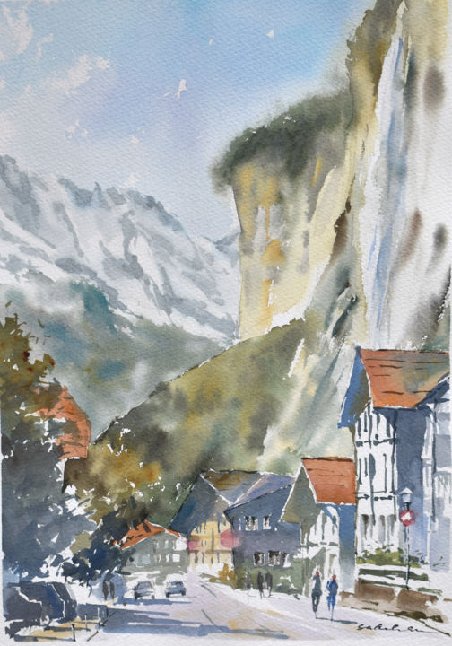 Pittura intitolato "Lauterbrunnen" da Salleh Su, Opera d'arte originale, Acquarello