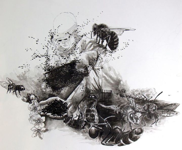 Peinture intitulée "Abeilles en perditi…" par Salomé Myrna, Œuvre d'art originale, Encre