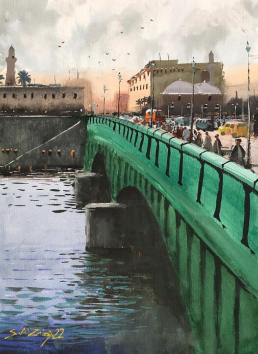 Painting titled "Al-Shuhada'a Bridge" by Samar Alzaidy, Original Artwork, Watercolor