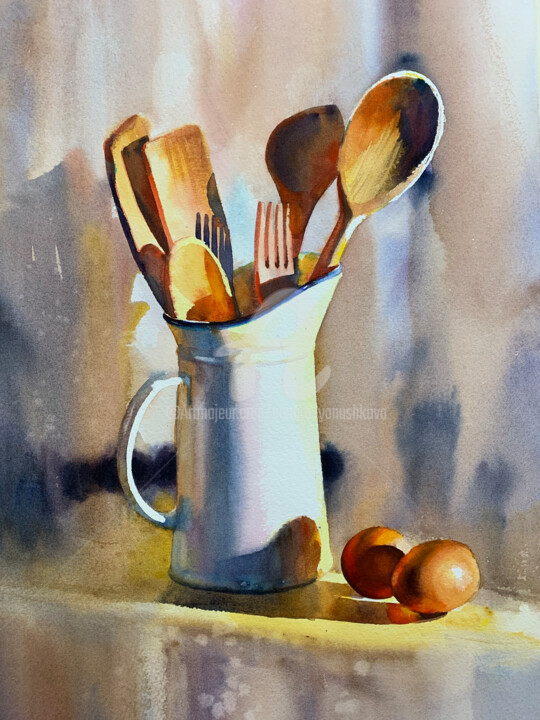 Painting titled "Still life - Jug wi…" by Samira Yanushkova, Original Artwork, Watercolor