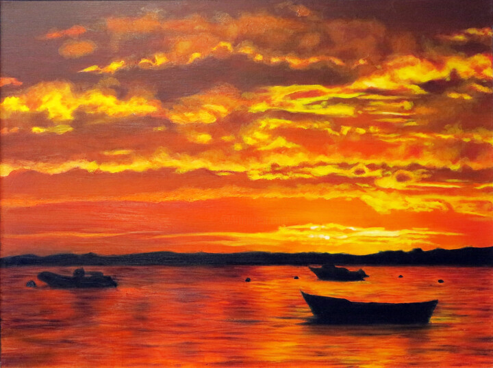 Peinture intitulée "Fiery sunset" par Sand, Œuvre d'art originale, Huile Monté sur Châssis en bois