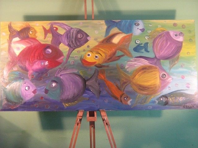 Peinture intitulée "Fish love" par Sanda Basic, Œuvre d'art originale