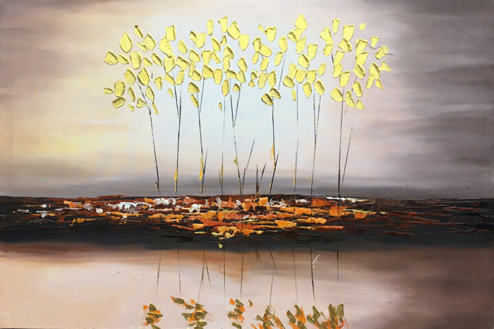 Painting titled "Leaves of Gold" by Sandaruwan Kumarasinghe, Original Artwork, Acrylic