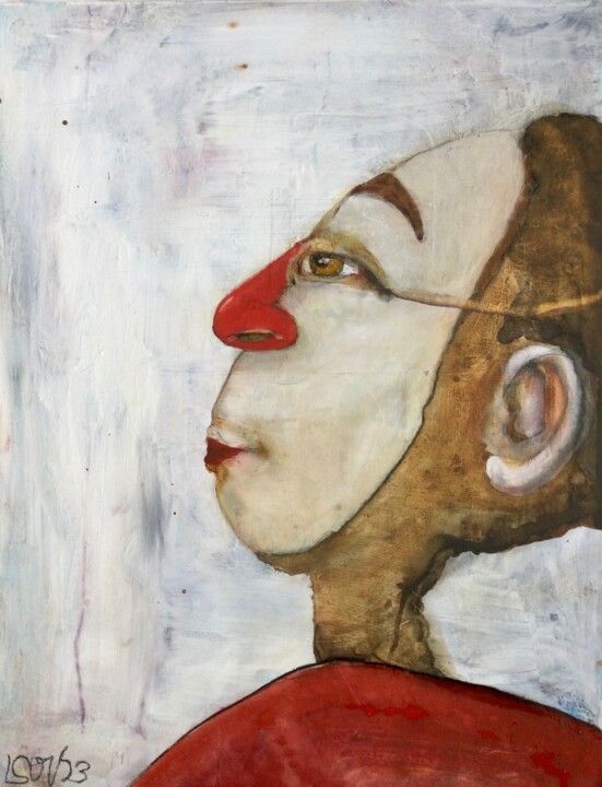 Pintura titulada "Portrait with mask" por Sandra Ludwig, Obra de arte original, Acuarela Montado en Aluminio