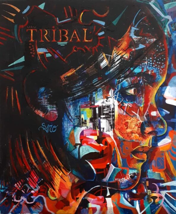 Malarstwo zatytułowany „Tribal” autorstwa Sandra Ollivier, Oryginalna praca, Akryl Zamontowany na Drewniana rama noszy