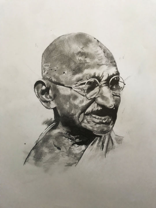 Dibujo titulada "Gandhi" por Sandrine Royer, Obra de arte original, Grafito Montado en Vidrio