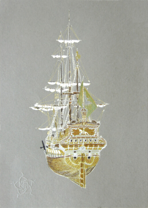 Drawing titled "Fantasy Ship" by Santiago Restrepo, Original Artwork, Ink