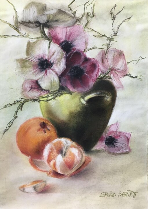 Pittura intitolato "Mandarinas" da Sara Bento San Román, Opera d'arte originale, Pastello Montato su Telaio per barella in l…