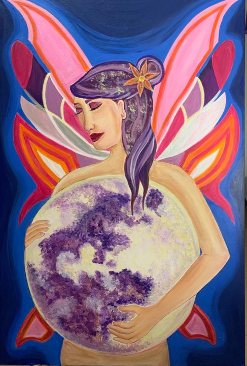 Painting titled "La dame de la lune" by Saraa Leveque, Original Artwork, Acrylic