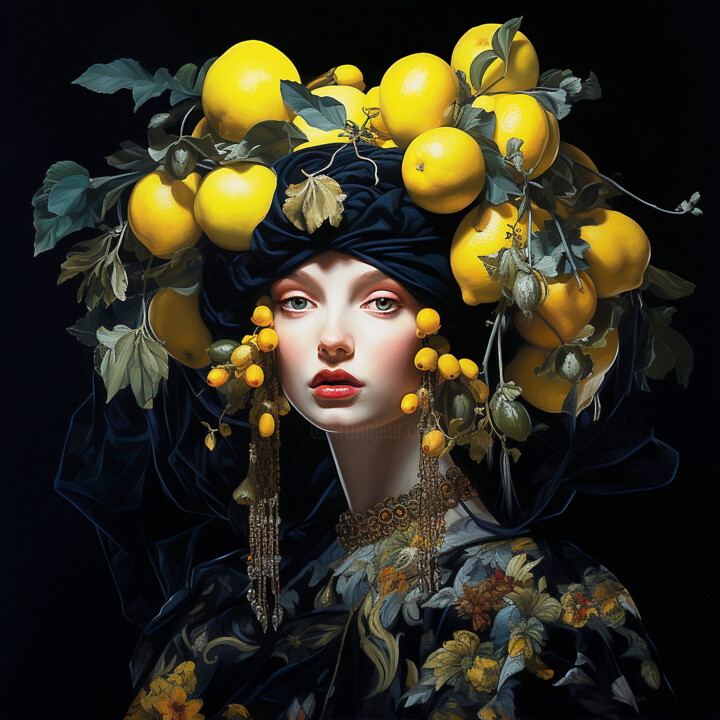 Digital Arts titled "Girl in lemons 4" by Saras, Original Artwork, AI generated image