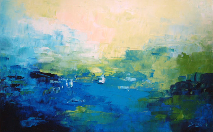 Painting titled "921-12M Blue Seasca…" by Saroja, Original Artwork, Oil Mounted on Wood Stretcher frame