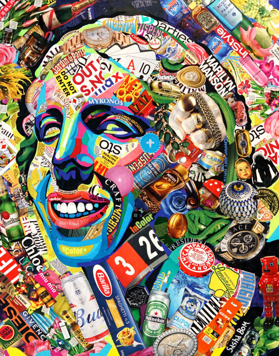 Collages titled "Aphrodite's Smile" by Sasha Bom, Original Artwork, Collages Mounted on Wood Panel