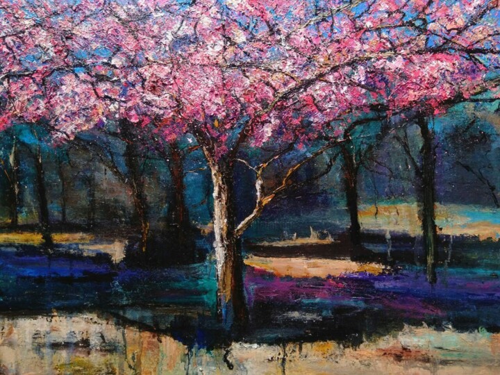 Painting titled "Cherry blossoms" by Sasha Brisac, Original Artwork, Acrylic