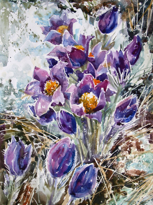 Malerei mit dem Titel "Spring Flowers" von Roza Savinova, Original-Kunstwerk, Aquarell
