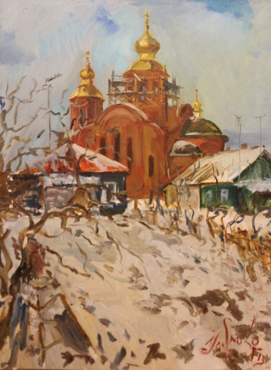 Painting titled ""Первый снег в Несв…" by Uladzimir Saiko, Original Artwork, Oil