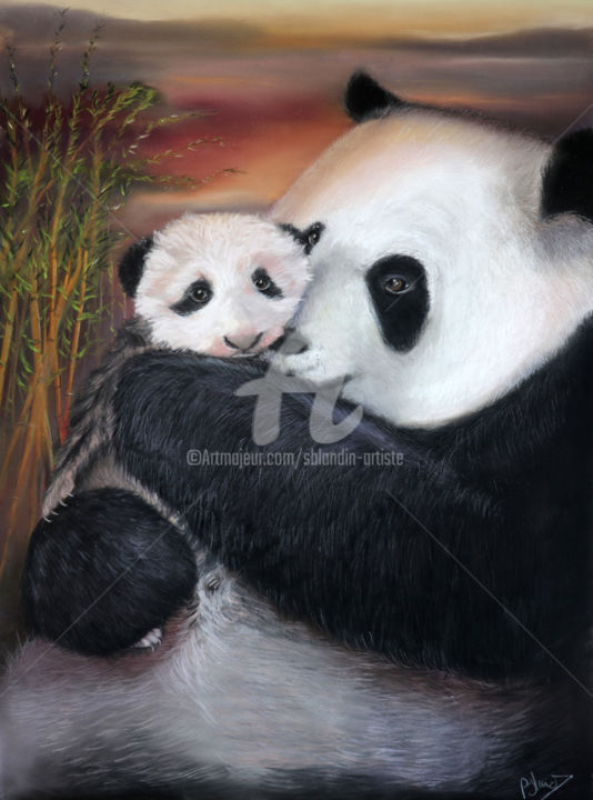 Panda Geant Bebe Et Sa Maman Pintura Por Sylvie Blandin Artmajeur