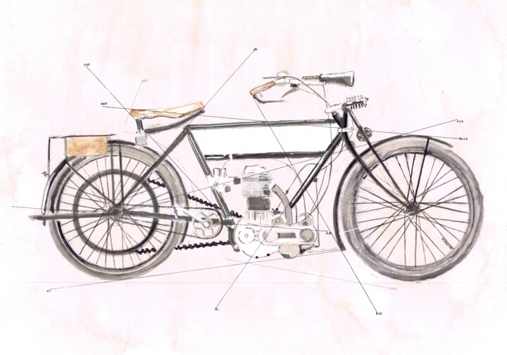 Tekening getiteld "Triumph 1912 3 ½ HP" door Schascia, Origineel Kunstwerk, Aquarel