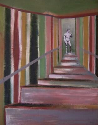 Ζωγραφική με τίτλο "Stairs to David" από Scott Spencer, Αυθεντικά έργα τέχνης, Λάδι Τοποθετήθηκε στο Ξύλινο φορείο σκελετό