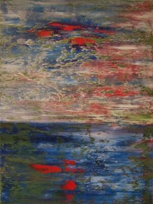 Ζωγραφική με τίτλο "Red Pleasure Sunset" από Scott Spencer, Αυθεντικά έργα τέχνης, Λάδι Τοποθετήθηκε στο Ξύλινο φορείο σκελε…
