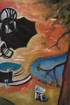 Painting titled "Poolside" by Scott Spencer, Original Artwork, Oil Mounted on Wood Stretcher frame