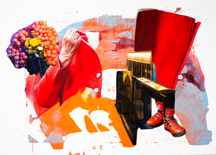 Collagen mit dem Titel "Die Rote Schere / B…" von Sebastian Herrling, Original-Kunstwerk, Collagen