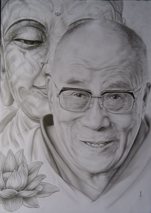Zeichnungen mit dem Titel "dalai-lama.jpg" von Sébastien Cheval, Original-Kunstwerk, Bleistift