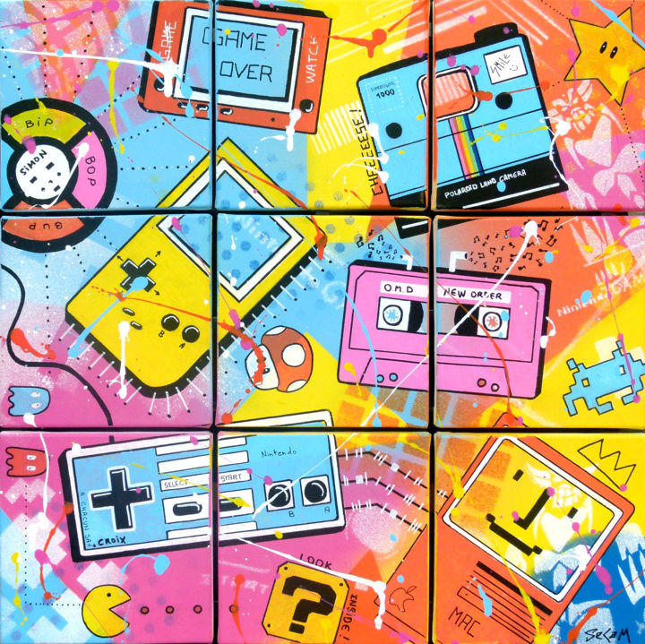 Painting titled "80's STUFFS" by Secam, Original Artwork, Marker Mounted on Wood Stretcher frame