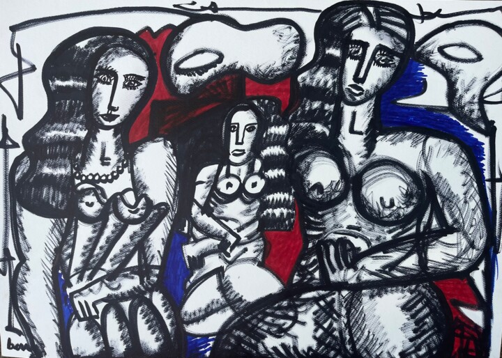 Pintura titulada "Trois demoiselles" por Serge Berry, Obra de arte original, Rotulador