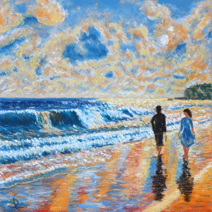 Dibujo titulada "Walk by the sea" por Serge Ra, Obra de arte original, Pastel
