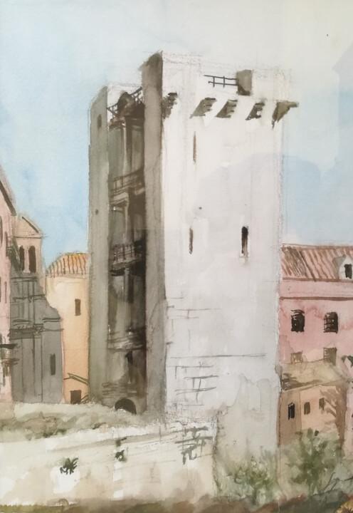 Картина под названием "La Torre dell'Elefa…" - Serge Salis, Подлинное произведение искусства, Акварель Установлен на Деревян…