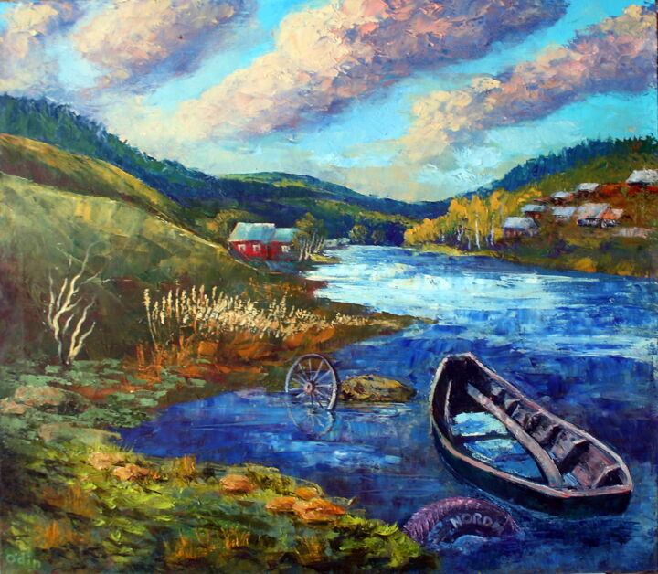 Painting titled "Mountain river." by Serge Syrok, Original Artwork, Oil
