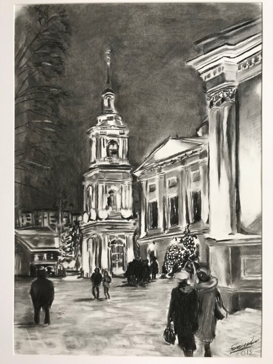 Drawing titled "Покровский монастырь" by Sergei Sokolov, Original Artwork, Charcoal