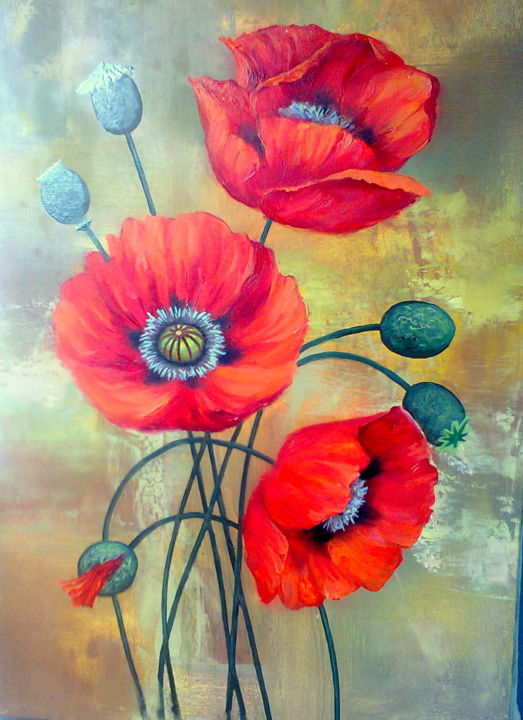 Malarstwo zatytułowany „Red poppy” autorstwa Sergey Kolodyazhniy, Oryginalna praca, Olej Zamontowany na Drewniana rama noszy