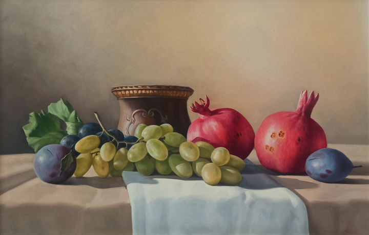 Malarstwo zatytułowany „Still life with aut…” autorstwa Sergey Miqayelya, Oryginalna praca, Olej Zamontowany na Drewniana ra…