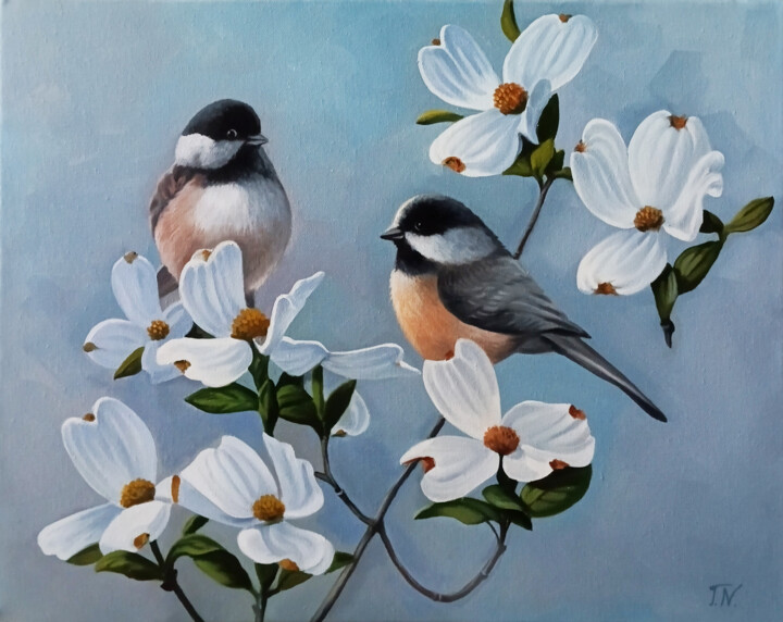 Painting titled "Bird Pair with Whit…" by Sergey Miqayelya, Original Artwork, Oil Mounted on Wood Stretcher frame