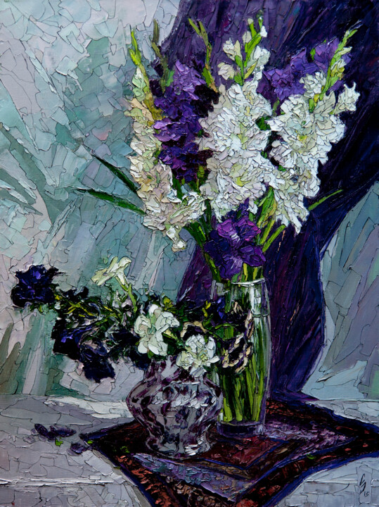 Painting titled "Gladioli and Petunia" by Sergey Sovkov, Original Artwork, Oil