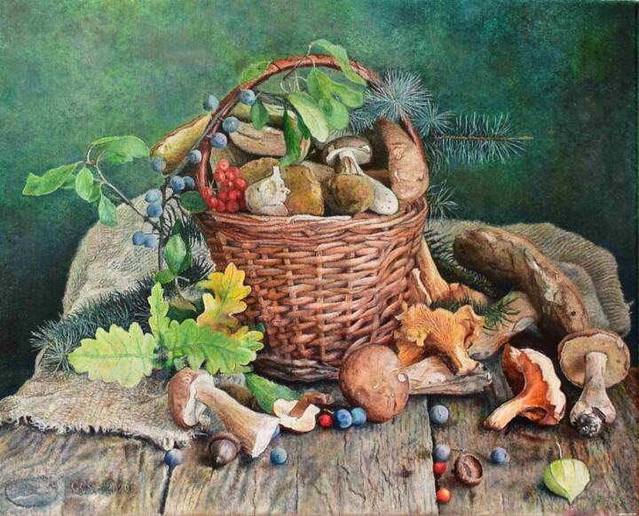 Картина под названием "Mushrooms in a wick…" - Sergey Suslov, Подлинное произведение искусства, Масло Установлен на Деревянн…