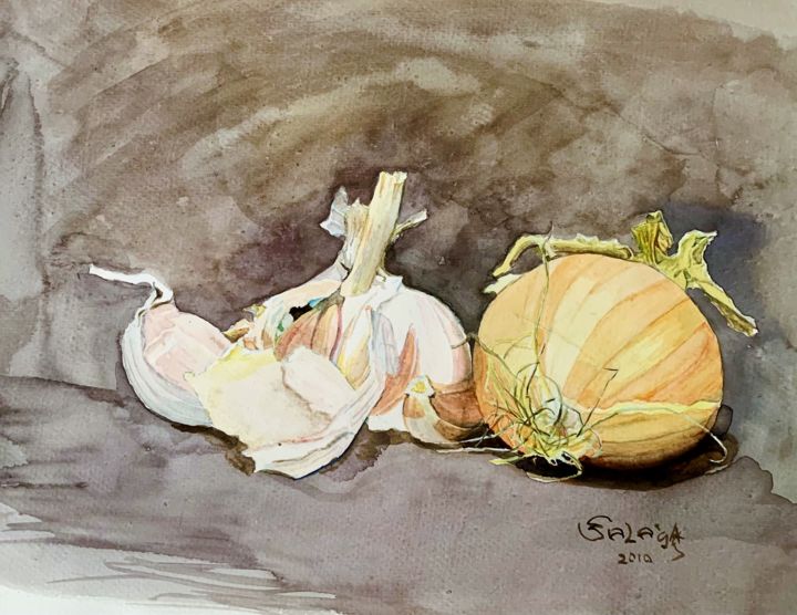 제목이 "Garlic and onion"인 미술작품 Sergii Selega로, 원작, 수채화