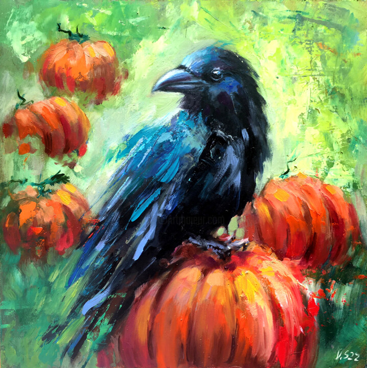 Schilderij getiteld "Raven Bird Original…" door Valerie Serova, Origineel Kunstwerk, Olie