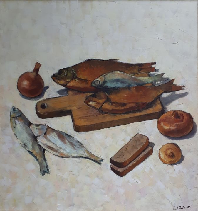 Malerei mit dem Titel "Fish and onion" von Elizaveta Khudyakova, Original-Kunstwerk, Öl