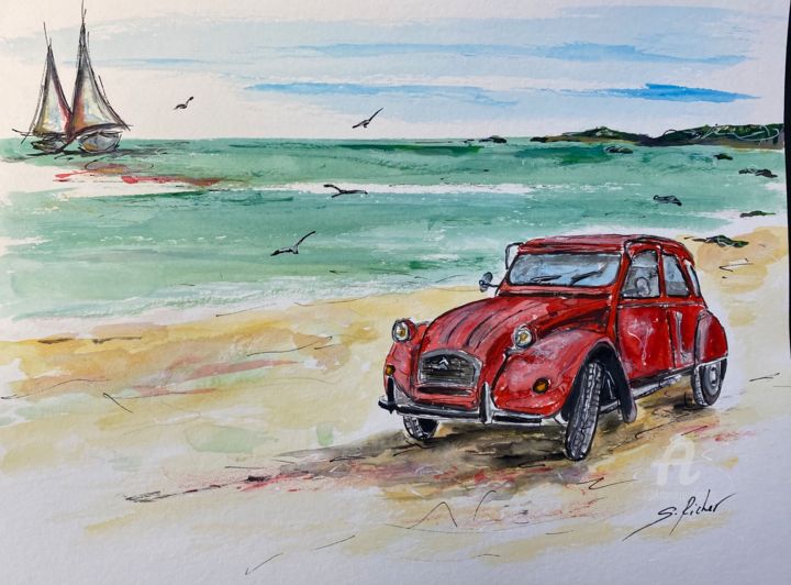 Pittura intitolato "2cv en vacance 1" da Séverine Richer, Opera d'arte originale, Acquarello