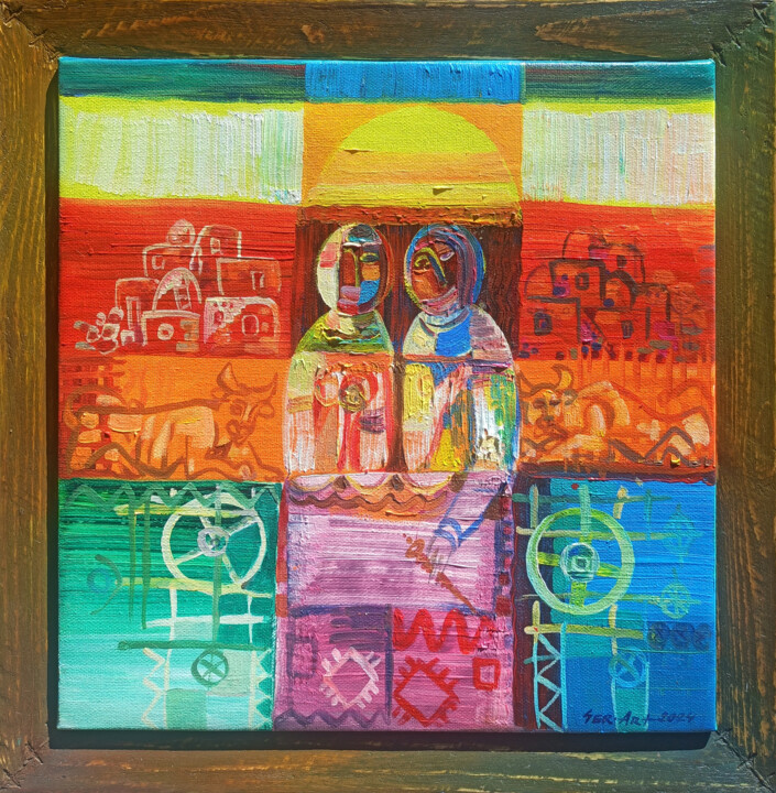 Painting titled "Sunset in the Villa…" by Seyran, Original Artwork, Oil Mounted on Wood Stretcher frame