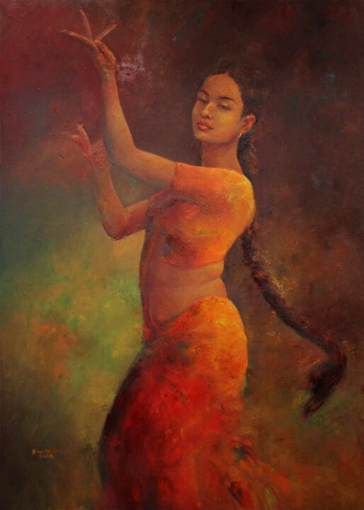 Painting titled "Dance in Amber" by Shanaka Kulatunga, Original Artwork, Oil Mounted on Wood Stretcher frame